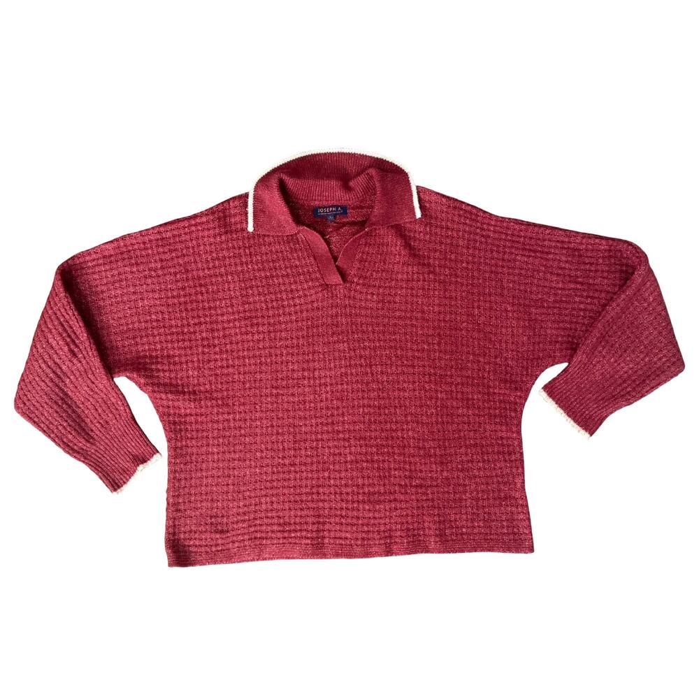 Joseph A Maroon Red White Trim Johnny Collared Knit Shirt Light Sweater Size L - Picture 8 of 10